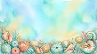 Watercolor seashells and coral border frame with soft blue aqua background for marine themed designs and coastal decorations.