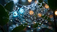 Morning dew drops on spider web with bokeh lights creating magical nature scene for backgrounds and seasonal designs.