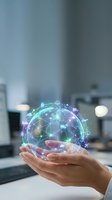 Hand holding holographic digital globe with network connections in modern office environment for technology and global business concepts.