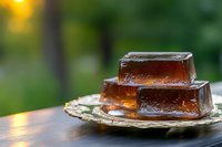 Translucent brown jelly desserts on vintage plate against blurred green garden background with golden sunlight, close-up view showing wobbly texture and shine.