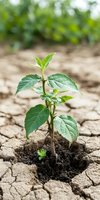 Young green plant growing through cracked dry soil, symbolizing hope, resilience and new beginnings in harsh conditions. Natural light highlights fresh leaves.