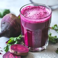 Fresh beetroot smoothie in glass with raw beet and green leaves, healthy detox drink for wellness and nutrition.