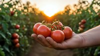 Fresh ripe tomatoes in farmer's hand at sunset in organic vegetable garden. Agricultural harvest concept for healthy eating and sustainable farming.