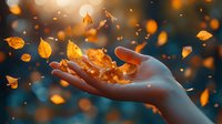 Magical autumn moment with golden leaves floating and falling onto an outstretched female hand against dark blurred background with bokeh lights and particles.
