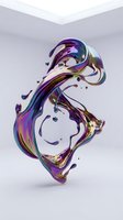 Iridescent liquid metal sculpture with flowing, organic forms and vibrant purple, blue, and gold holographic reflections suspended in mid-air for modern design projects.