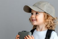 Young girl with blonde curly hair wearing baseball cap and white t-shirt holds gaming device while smiling and looking up against gray background. Cheerful expression.