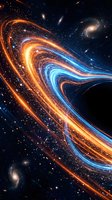 Cosmic energy waves flowing through deep space with glowing orange and blue light trails among distant galaxies and stars for science fiction concepts.