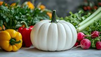 White pumpkin surrounded by fresh colorful vegetables including yellow bell pepper, red tomatoes, radishes and celery on rustic background. Great for harvest season.