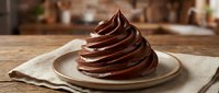 Chocolate soft serve ice cream swirl on plate in rustic kitchen setting. Rich brown frozen dessert with smooth texture for food photography and menu design.
