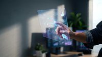 Businessman touching futuristic transparent digital interface with holographic icons in modern office environment for technology presentations.