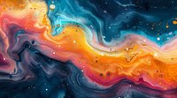 Abstract fluid art with swirling orange, blue, and purple colors resembling cosmic nebula or ocean waves with golden particles floating throughout.