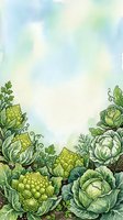 Watercolor illustration of fresh cauliflower and cabbage plants with curling tendrils arranged as a decorative border frame on soft blue and green background.