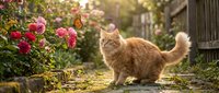 Fluffy ginger cat walking through garden path surrounded by blooming pink roses and green foliage on sunny day, perfect for pet and nature content.