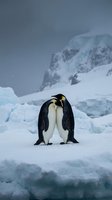Two emperor penguins stand together on snow-covered ice with snow-capped mountains in background. Wildlife and nature photography for editorial and educational use.