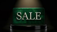 Green marble sale sign on dark podium with dramatic spotlight, luxury retail discount concept for promotions and advertising.