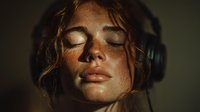 Young woman with freckles and closed eyes wearing headphones in warm golden light for music and audio content.