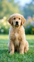 Adorable golden retriever puppy sitting on green grass in sunny garden with blurred colorful flowers background for pet care and family lifestyle content.