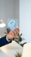 Professional holding transparent holographic display showing 98% efficiency meter with upward arrow indicator and gauge visualization in modern office environment.