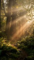 Sunbeams streaming through dense forest canopy creating magical golden light rays with floating particles and lush green ferns on woodland floor.