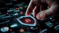 Hand touching digital security shield with lock icon on futuristic interface display representing cybersecurity protection and data safety technology.