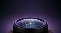 Futuristic globe with glowing network connections and digital nodes inside spherical lens on dark purple background for technology and innovation concepts.