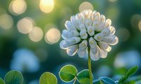 White clover flower head in full bloom against soft bokeh background with morning dew drops glistening on petals, fresh green leaves catching sunlight.
