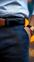 Raindrops on dark denim jeans with leather belt detail and blurred golden bokeh lights creating atmospheric mood for fashion and lifestyle photography.