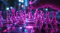Glass chess pieces in vibrant pink and purple neon lighting on reflective surface with bokeh background, creating dramatic atmosphere for strategy and leadership concepts.