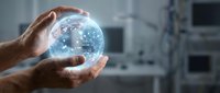 Hands holding glowing digital globe with network connections in modern office environment, representing global business, technology innovation, and worldwide communication.