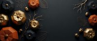 Autumn pumpkins with golden leaves and berries arranged on dark background creating festive fall decoration frame for seasonal design projects.