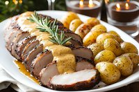 Sliced roasted pork tenderloin with honey mustard sauce, served alongside golden baby potatoes and fresh rosemary garnish on white plate, festive dinner setting.