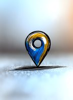 Hand drawn location pin marker in blue and gold colors on blurred background, artistic sketch style navigation symbol for maps and location services.