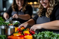 Cheerful female chefs preparing fresh vegetables in professional kitchen, chopping colorful bell peppers and herbs while cooking healthy meal together.