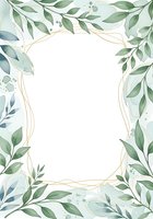Watercolor botanical frame with green leaves and gold border on white background, isolated and ready for invitations, cards, posters, and design projects.