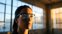 Young Asian woman wearing futuristic smart glasses with digital display in modern office environment during golden hour lighting for technology concepts.