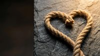 Rustic rope heart shape on dark slate stone background with warm lighting for romantic decorations and craft projects.