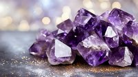 Purple amethyst crystal cluster with sparkling faceted gemstones on glittery surface against soft bokeh background for healing and meditation practices.