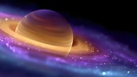 Majestic gas giant planet with luminous rings floating in cosmic space amid purple nebula clouds and glowing stars. Suitable for astronomy and space themes.