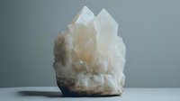 Raw white quartz crystal cluster formation with pointed terminations on natural stone base against neutral gray background, minimalist mineral specimen display.