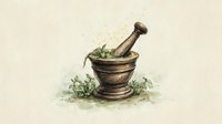 Vintage mortar and pestle surrounded by fresh herbs and leaves on textured background, watercolor style illustration for botanical and culinary designs.