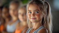 Young blonde girl with bright blue eyes and gentle smile in gray tank top, with blurred group of children in background, natural soft lighting creates warm atmosphere.