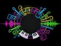 Colorful neon music notes and piano keys forming circular frame with sound wave visualization on black background for audio production and entertainment.