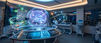 Futuristic medical laboratory with holographic brain scan and digital interface technology for healthcare research and diagnostics.