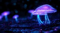 Glowing neon mushrooms emit magical blue and purple light against dark background with bokeh effect, creating mystical forest atmosphere for fantasy designs.