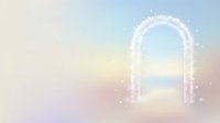 Glowing white arch portal with sparkling particles on soft pastel gradient background, suitable for fantasy, spiritual, and design projects.