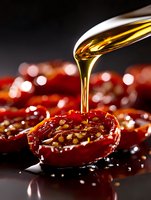 Golden olive oil drizzling onto sun-dried tomatoes garnished with herbs and spices, creating appetizing Mediterranean food composition with red bokeh background.