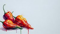 Watercolor painting of vibrant red and orange chili peppers with paint drips on white background for culinary art and spicy food designs.