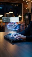 Businessman typing on keyboard with holographic brain and neural network connections floating above in modern office environment for AI technology concepts.