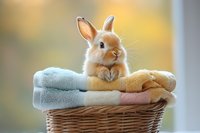 Adorable light brown bunny sitting in wicker basket with folded pastel towels, soft bokeh background creates cozy atmosphere for spa, wellness and hygiene concepts.