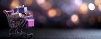 Shopping cart filled with small wrapped gift boxes and presents on dark background with festive bokeh lights, copy space for seasonal retail promotions.